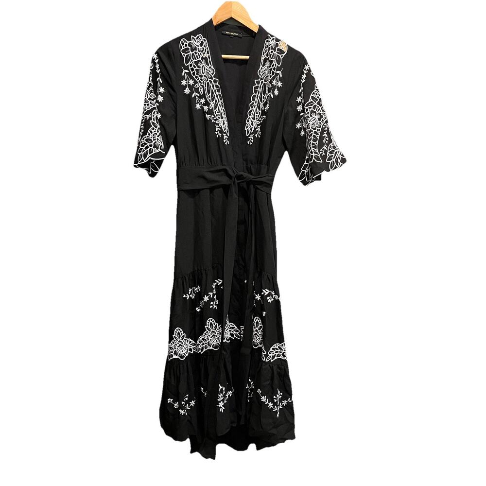 Kobi Halperin Black White Floral Eyelets Tie Waist Women's Maxi Dress Size S‎
